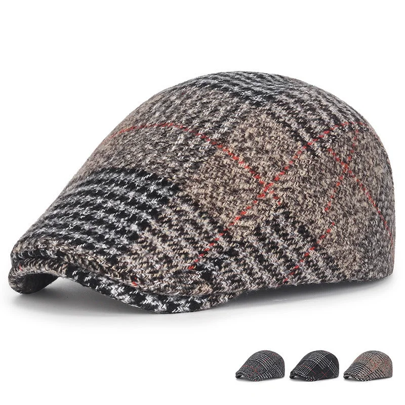 Men's hats everyday black-The same woolen red line plaid cap for men and women