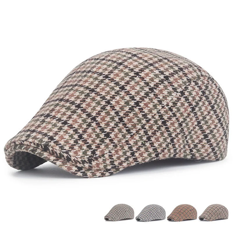 Men's hats warm gray-Thousand Birds Plaid Cap Men's Vintage Beret