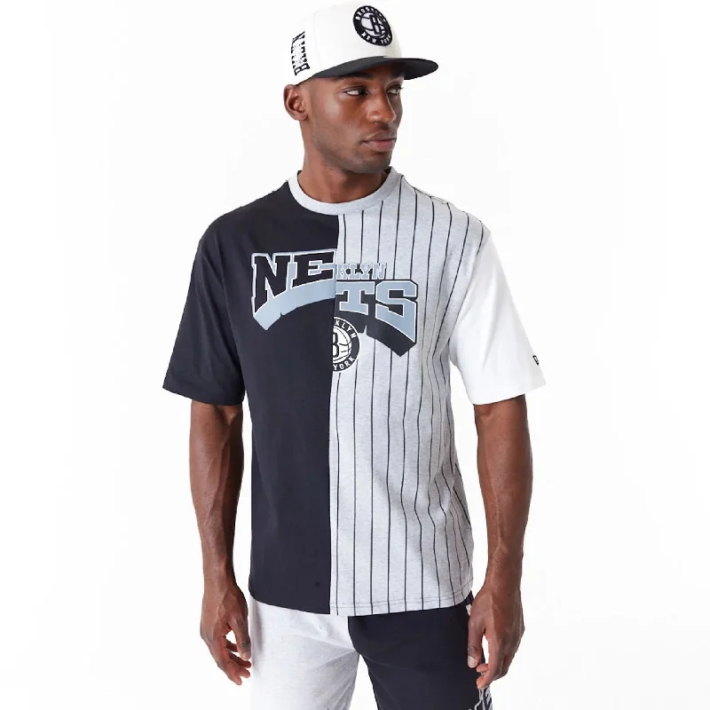 Men's T-shirts graphic gray-Brooklyn Nets NBA Half Pinstripe Grey Oversized T-Shirt