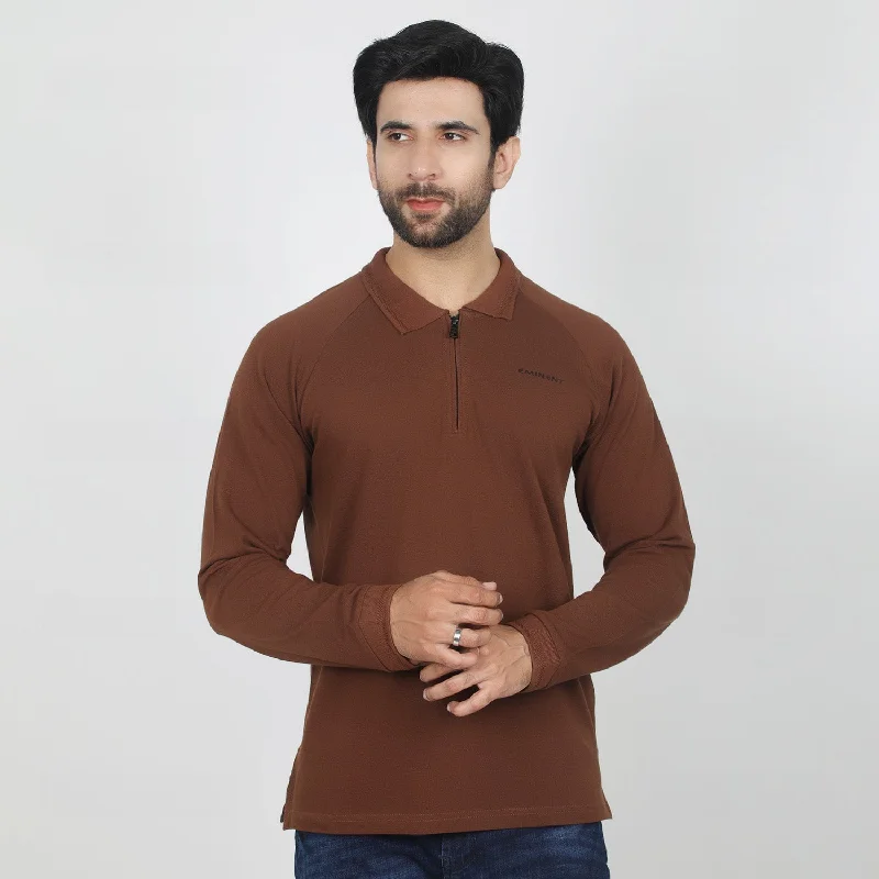 Men's polo shirts everyday tan-Eminent Men's Full Sleeves Polo T-Shirt - Brown