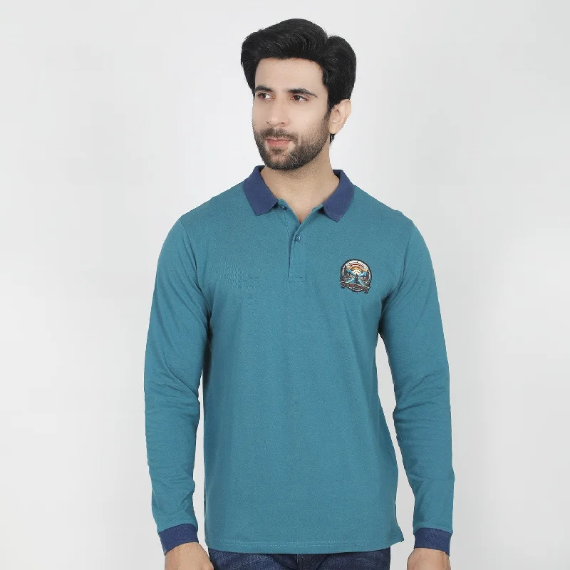 Men's polo shirts everyday green-Eminent Men's Full Sleeves Polo T-Shirt - Teal Blue