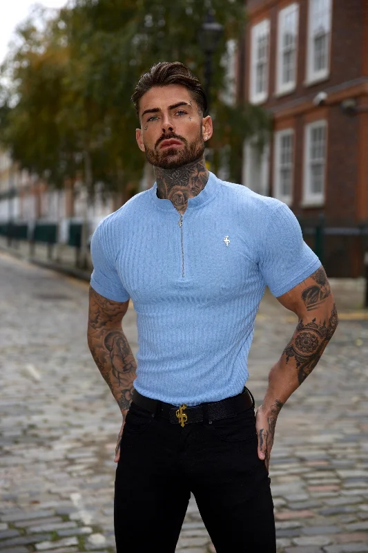 Men's polo shirts lightweight white-Father Sons Classic Baby Blue Ribbed Silver Zip Grandad Collar Shirt Short Sleeve - FSH919