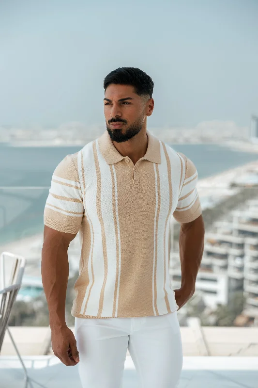 Men's polo shirts soft white-Father Sons Classic Beige / Off White Knitted Vertical Stripe Polo Short Sleeve - FSN107