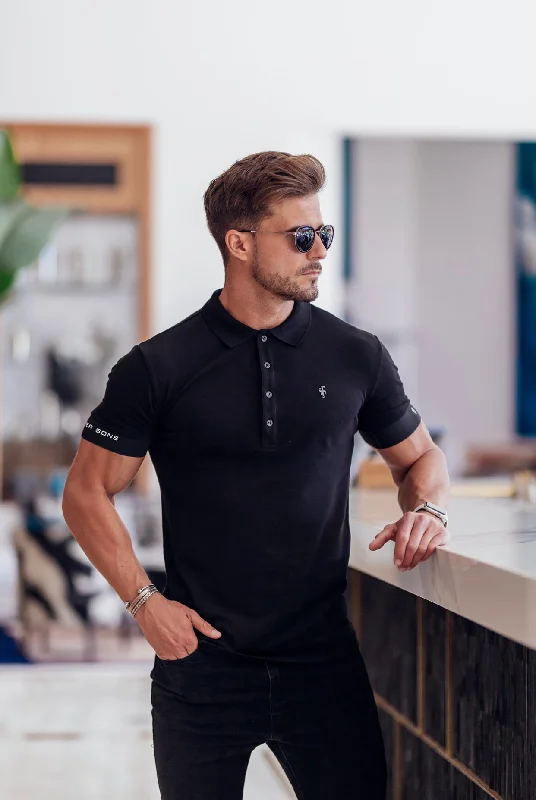 Men's polo shirts breathable gray-Father Sons Classic Black Polo with FS Elastic Sleeve Branding and Black Metal Emblem - FSH631