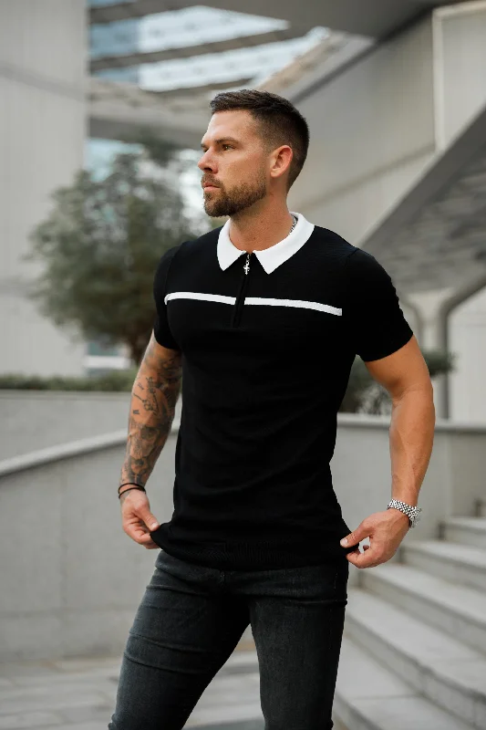 Men's polo shirts classic white-Father Sons Classic Black / White Horizontal Stripe Zipped Polo Short Sleeve - FSN038