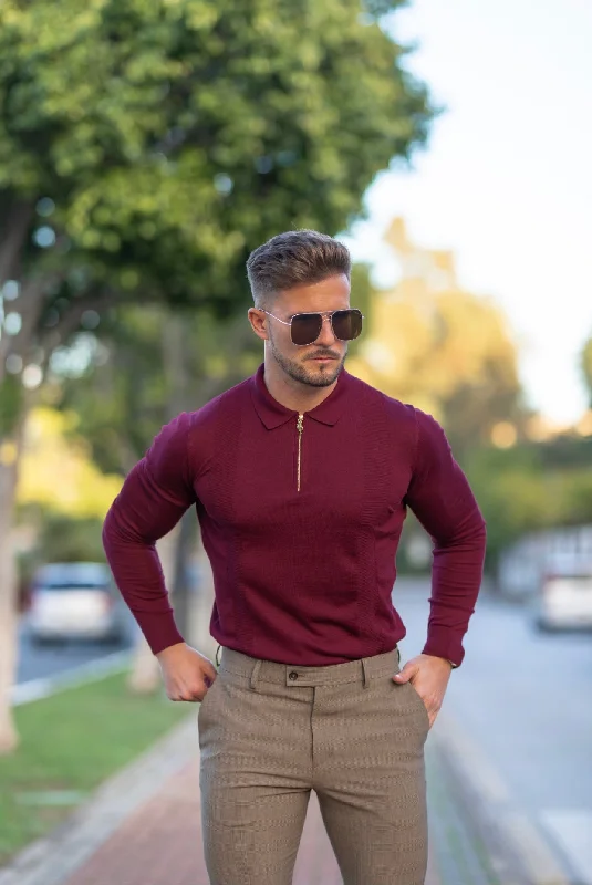 Men's polo shirts trendy tan-Father Sons Classic Burgundy and Gold Zip Knitted Long Sleeve Polo Shirt - FSH566