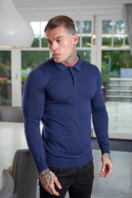 Men's polo shirts soft navy-Father Sons Classic Navy Merino Wool Knitted Polo Jumper Long Sleeve With FS Embroidery- FSN015