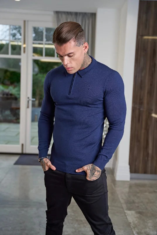 Men's polo shirts everyday green-Father Sons Classic Navy Merino Wool Knitted Zip Polo Long Sleeve Jumper With FS Embroidery- FSN007