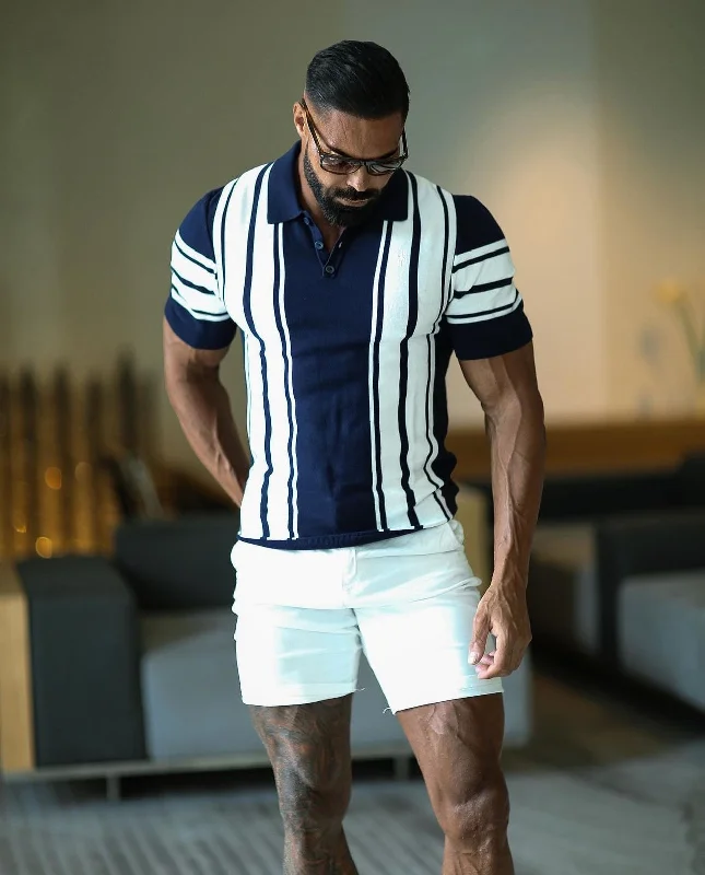 Men's polo shirts lightweight navy-Father Sons Classic Navy / Off White Knitted Vertical Stripe Polo Short Sleeve - FSN105