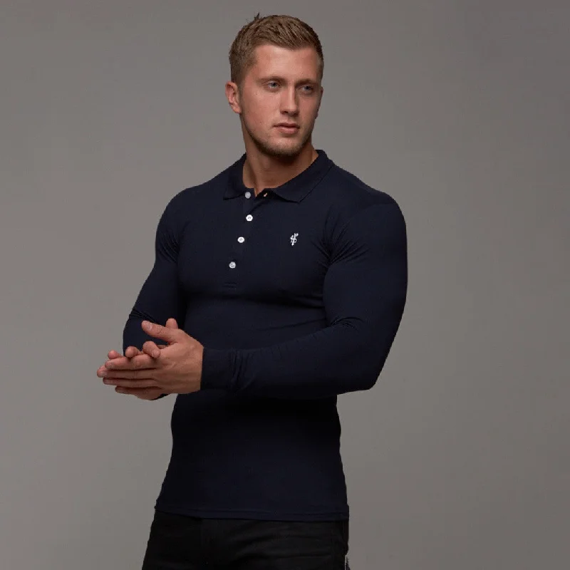 Men's polo shirts lightweight navy-Father Sons Classic Navy Polo Long Sleeve Shirt - FSH036