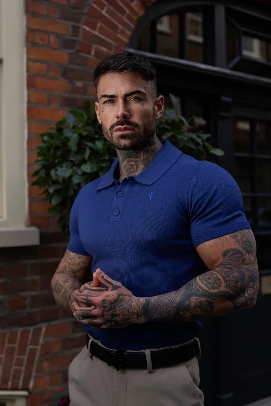 Men's polo shirts breathable navy-Father Sons Classic Ocean Blue Knitted Polo Jumper Short Sleeve With Tonal FS Embroidery- FSN144