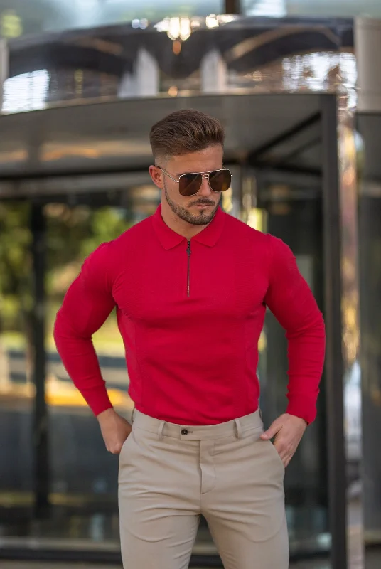 Men's polo shirts soft navy-Father Sons Classic Poppy Red and Black Zip Knitted Long Sleeve Polo Shirt - FSH567