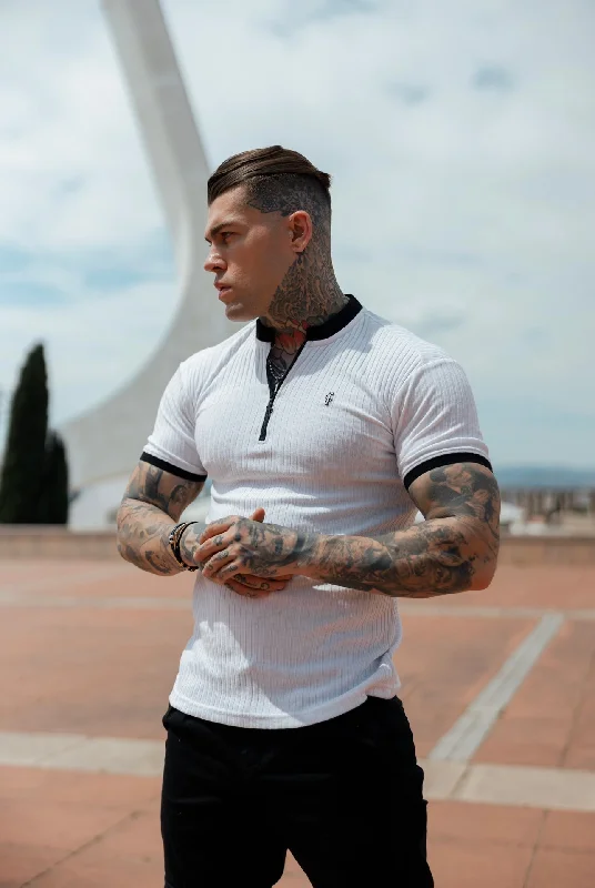 Men's polo shirts stylish white-Father Sons Classic White / Black Ribbed Zip Grandad Collar Shirt Short Sleeve - FSH815