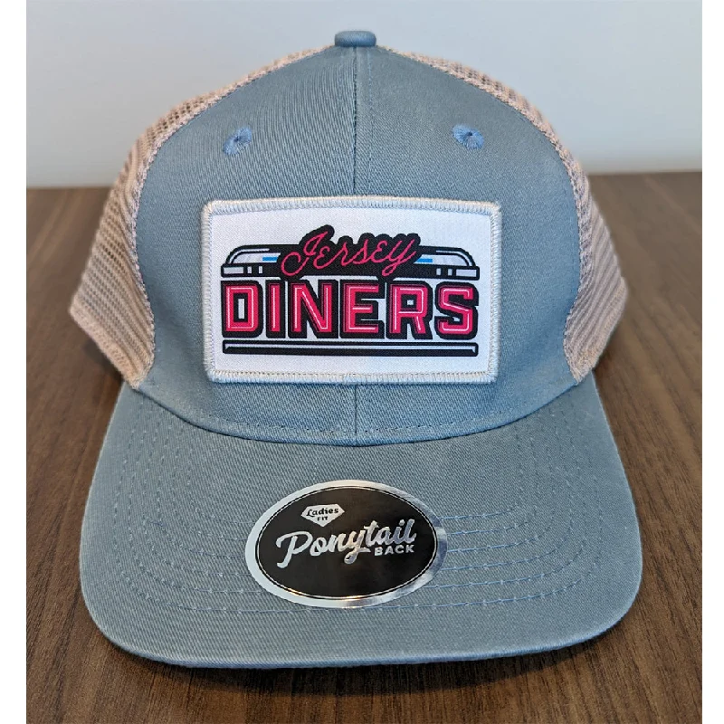 Men's hats warm gray-Jersey Diners Ladies Fit Mesh Back Sublimated Patch Cap With Ponytail Mesh Back