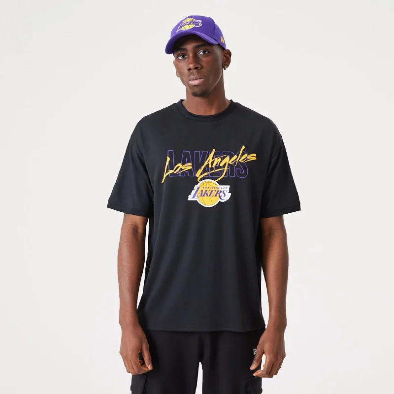 Men's T-shirts graphic tan-LA Lakers NBA Script Black Oversized T-Shirt