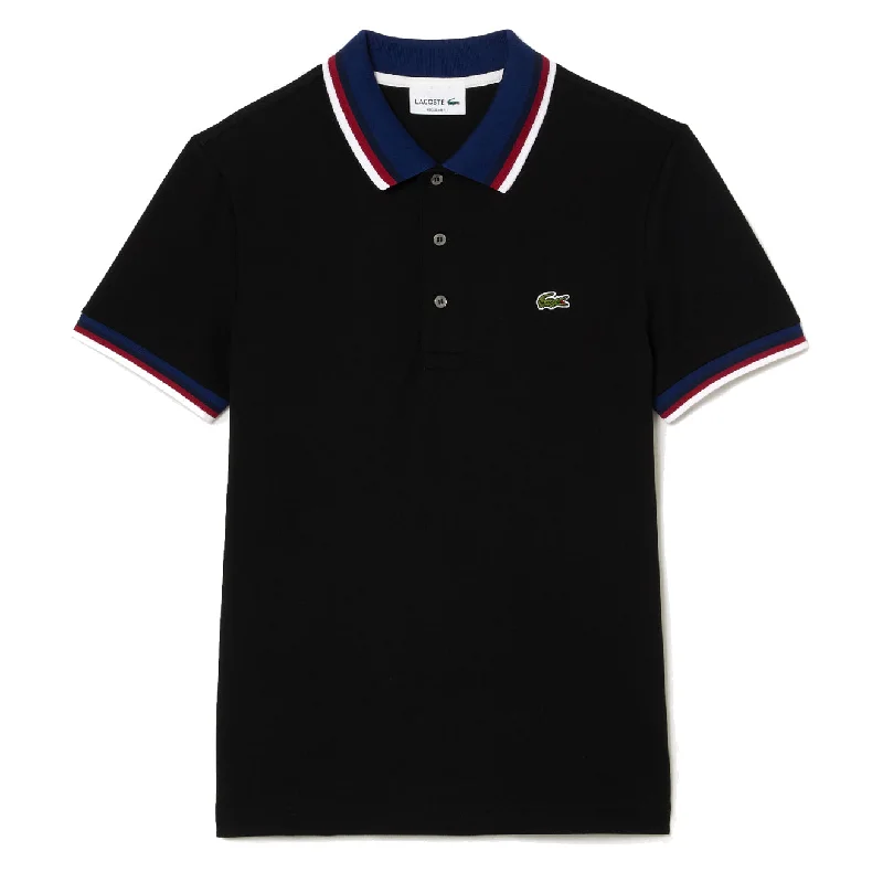 Men's polo shirts soft tan-Lacoste Regular Fit Cotton Pique Contrast Collar Polo Shirt Black