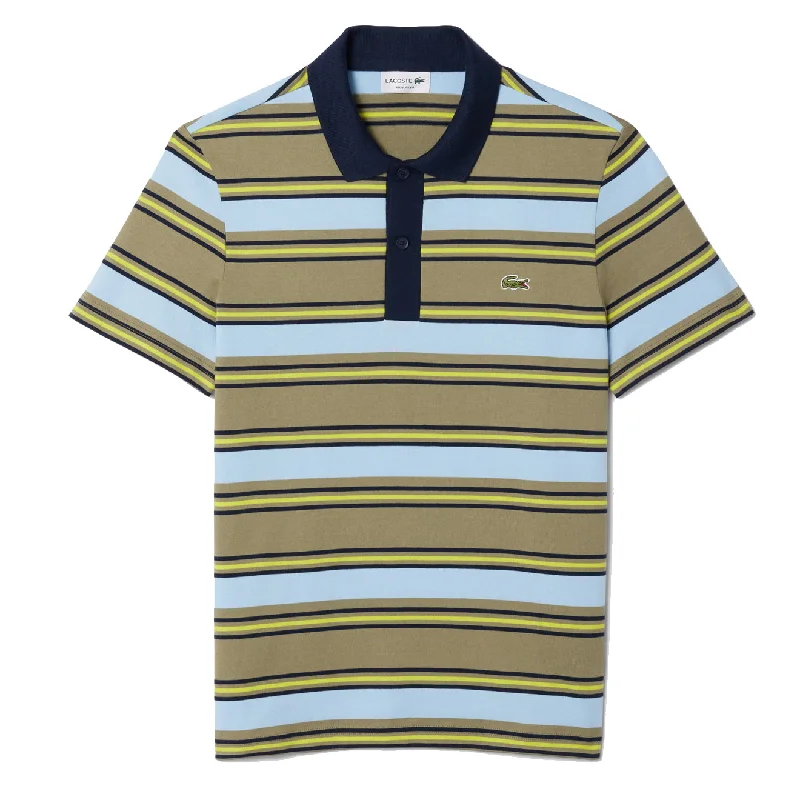 Men's polo shirts soft black-Lacoste Regular Fit Striped Cotton Polo Shirt Khaki Green / Blue