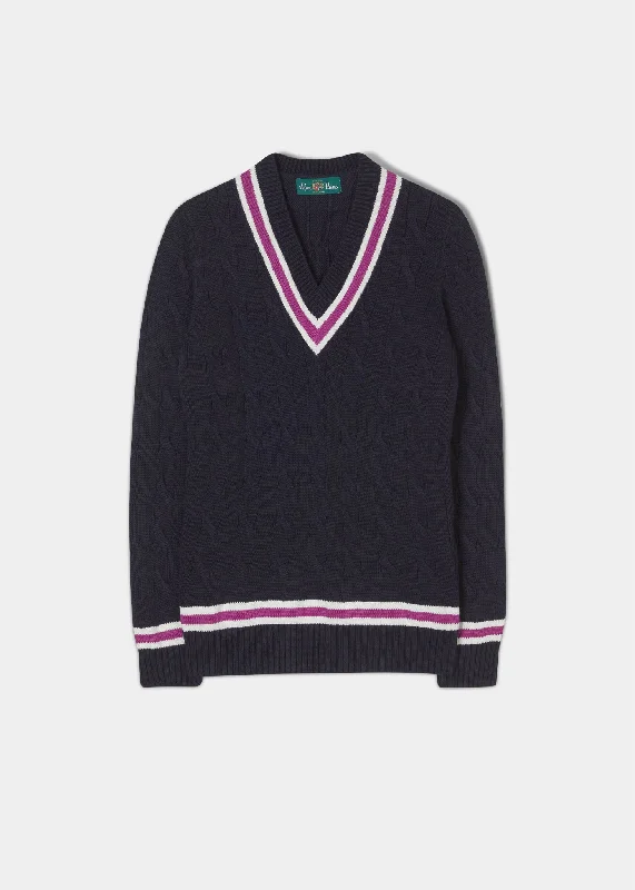 Men's polo shirts classic tan-Heather Ladies Cable Knit Cricket Jumper In Navy