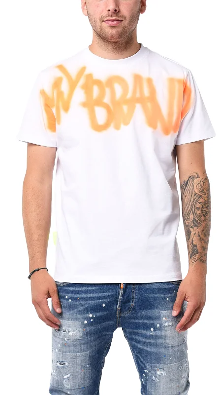 Men's T-shirts stylish navy-MB LOGO GRAFFITI SPRAY NEON ORANGE TSHIRT | WHITE