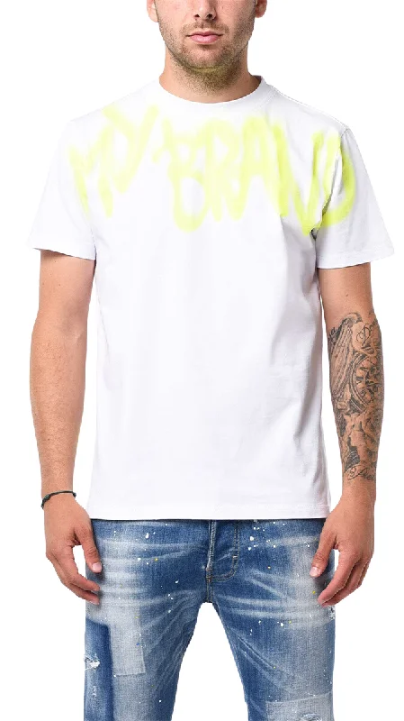 Men's T-shirts soft green-MB LOGO GRAFFITI SPRAY NEON YELLOW TSHIRT | WHITE