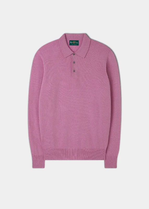 Men's polo shirts slim gray-Men's Geelong Lambswool Long Sleeve Polo Shirt in Pink Haze - Regular Fit