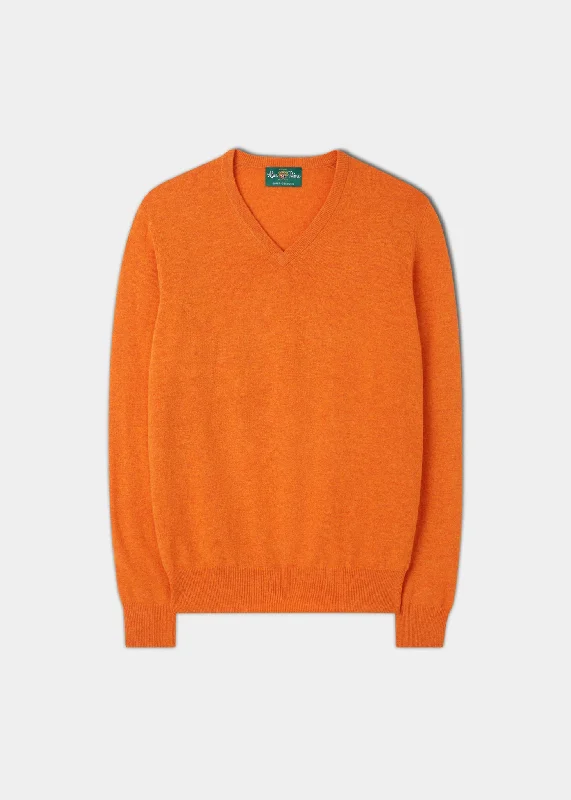 Men's polo shirts breathable gray-Men's Geelong Lambswool Vee Neck Jumper in Tangerine - Regular Fit