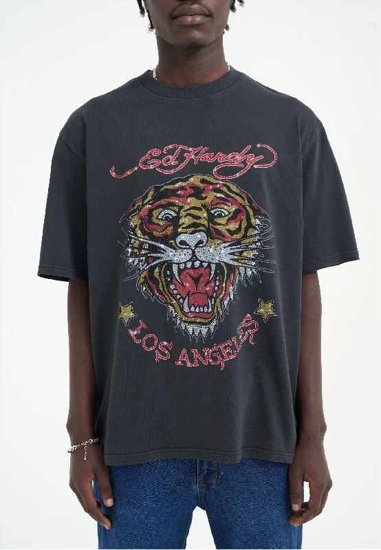 Men's T-shirts soft cotton-Mens La Tiger Vintage Diamante Tshirt - Black