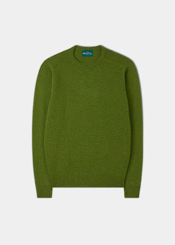 Men's polo shirts lightweight green-Men's Lambswool Crew Neck Jumper in Moss - Regular Fit