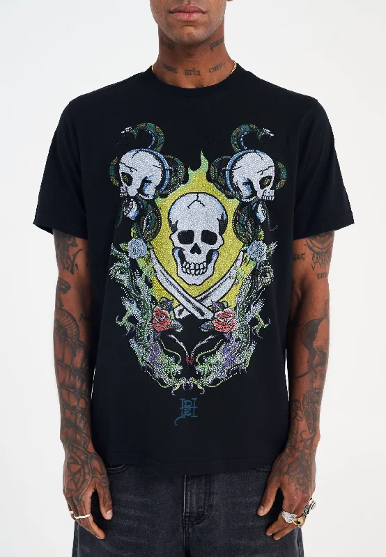 Men's T-shirts soft cotton-Mens Skull And Drag Battle Diamante Tshirt - Black