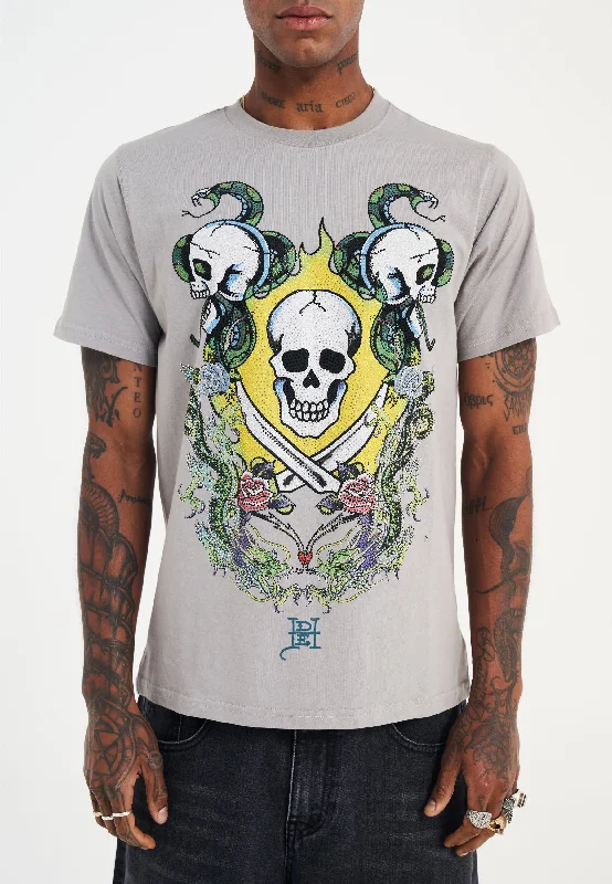 Men's T-shirts everyday green-Mens Skull And Drag Battle Diamante Tshirt - Grey