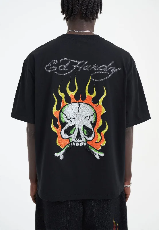 Men's T-shirts everyday black-Mens Skull Flame Diamante Tshirt - Black