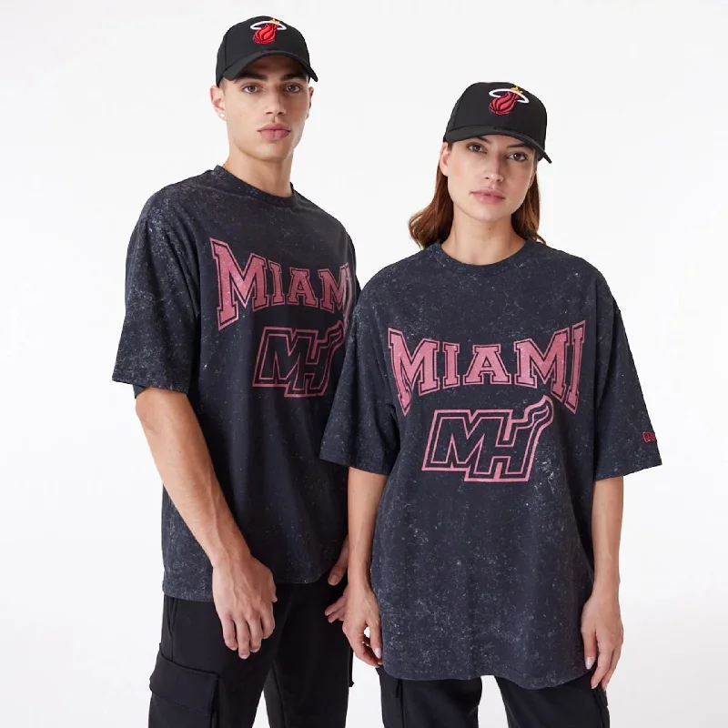 Men's T-shirts casual black-Miami Heat NBA Washed Black Oversized T-Shirt