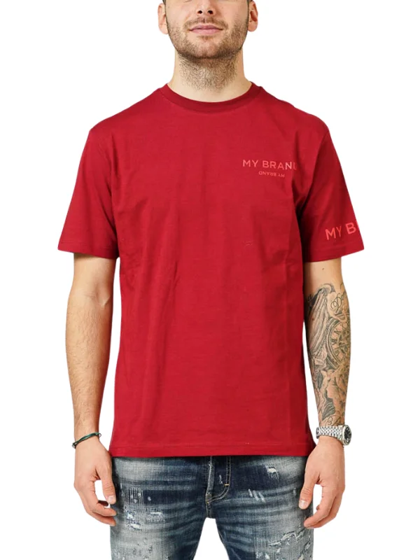 MY BRAND LOGO UPSIDE DOWN CHEST BURGUNDY T-SHIRT | CAMEL