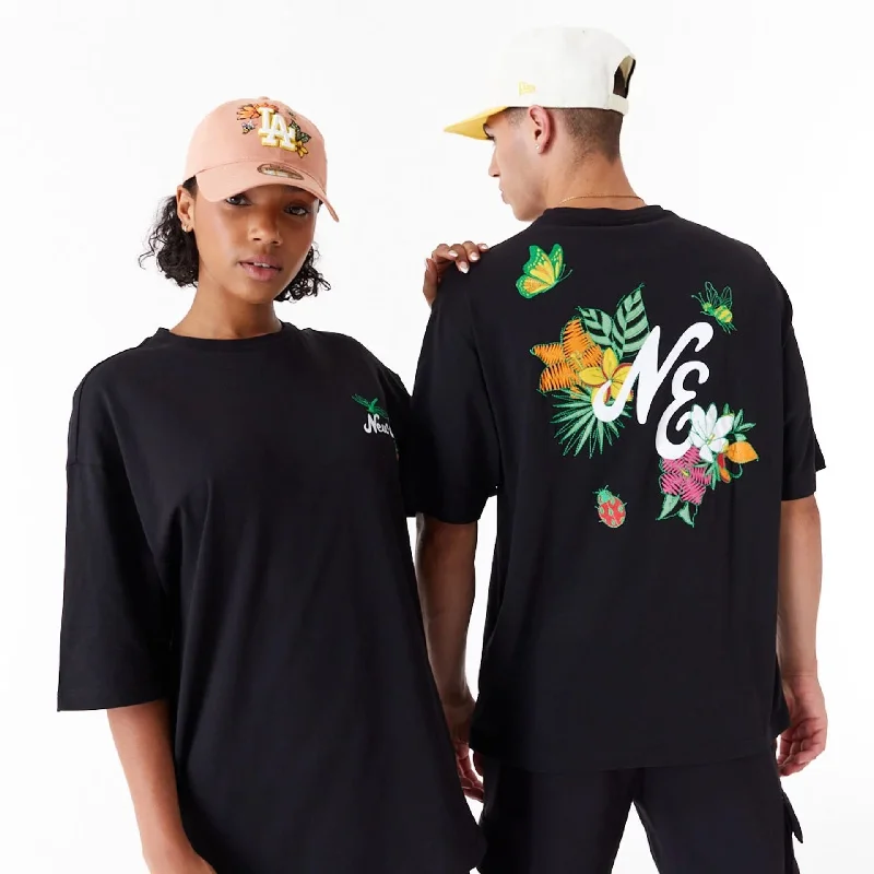 Men's T-shirts durable black-New Era Floral Graphic Black Oversized T-Shirt