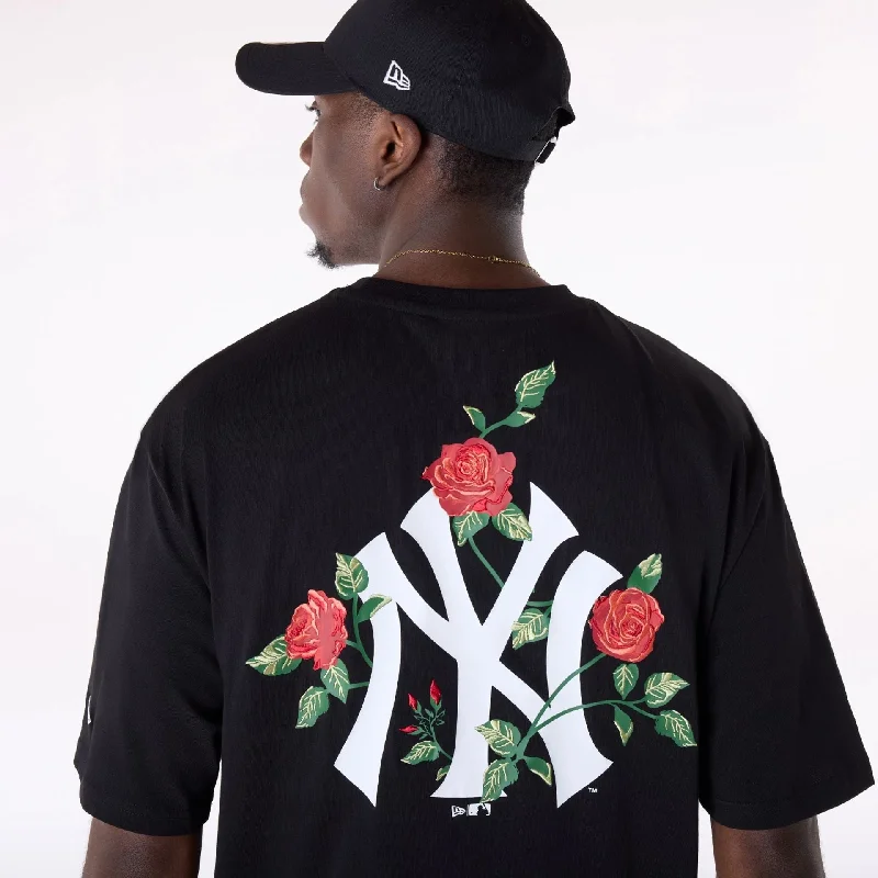 Men's T-shirts soft cotton-New York Yankees MLB Floral Graphic Black Oversized T-Shirt