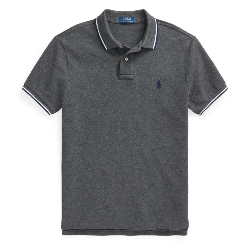 Men's polo shirts casual navy-Polo Ralph Lauren Custom Slim Fit Mesh Tipped Polo Barclay Heather