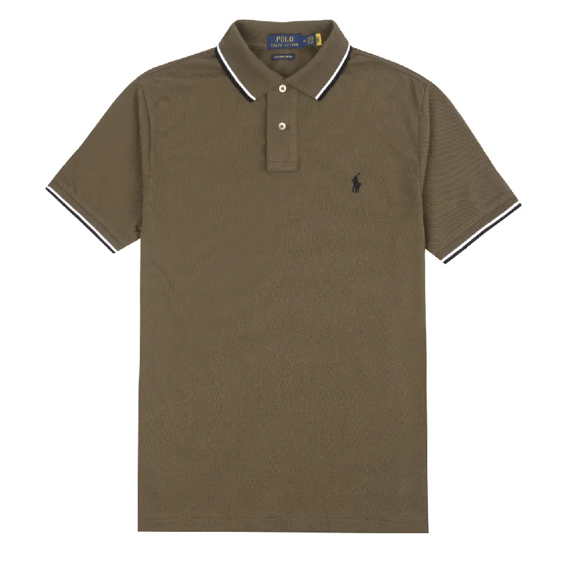 Men's polo shirts everyday tan-Polo Ralph Lauren Custom Slim Fit Mesh Tipped Polo Defender Green