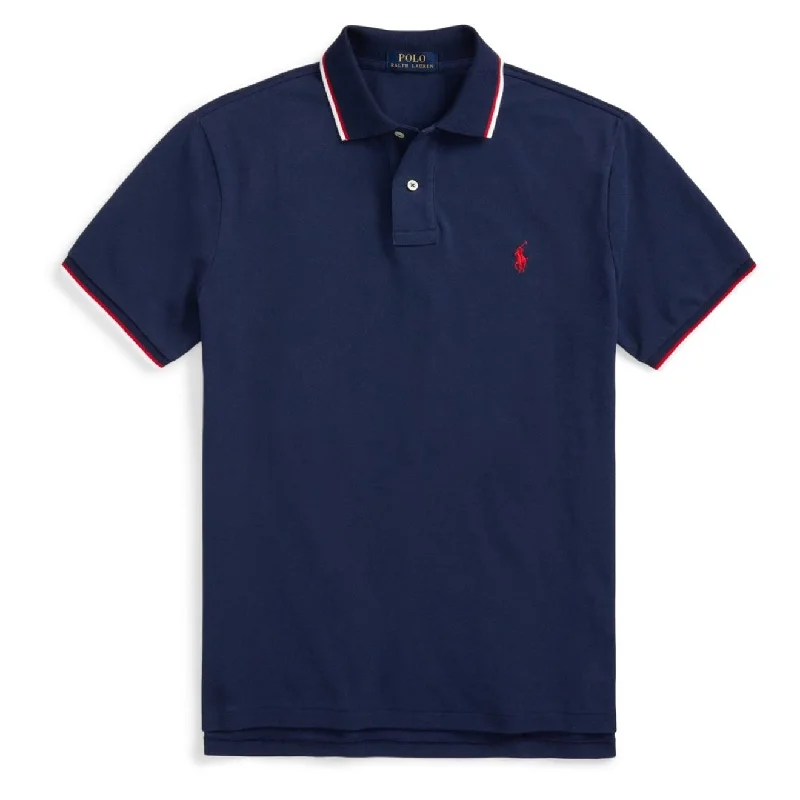 Men's polo shirts durable white-Polo Ralph Lauren Custom Slim Fit Mesh Tipped Polo Newport Navy