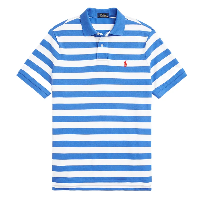 Men's polo shirts breathable gray-Polo Ralph Lauren Custom Slim Fit Striped Polo New England Blue / White