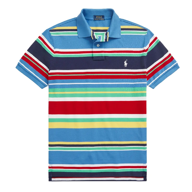 Men's polo shirts classic navy-Polo Ralph Lauren Custom Slim Fit Striped Polo Shirt New England Blue Multi