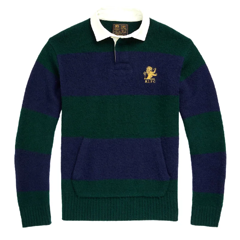 Men's polo shirts durable tan-Polo Ralph Lauren Striped Wool-Cashmere Rugby Jumper Moss Agate Combo