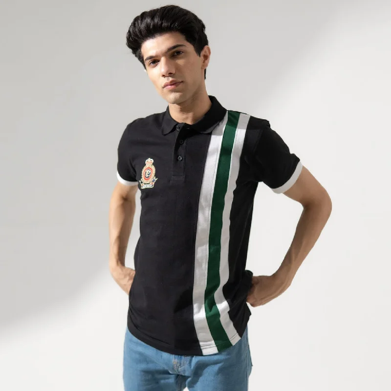 Men's polo shirts breathable black-Polo Republica Men's Crest Embroidered Contrast Stripe Panel Polo Shirt