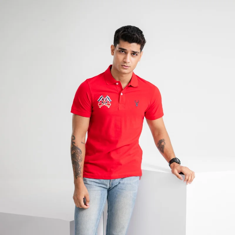 Men's polo shirts lightweight navy-Polo Republica Men's Deer & Double Flag Embroidered Short Sleeve Polo Shirt