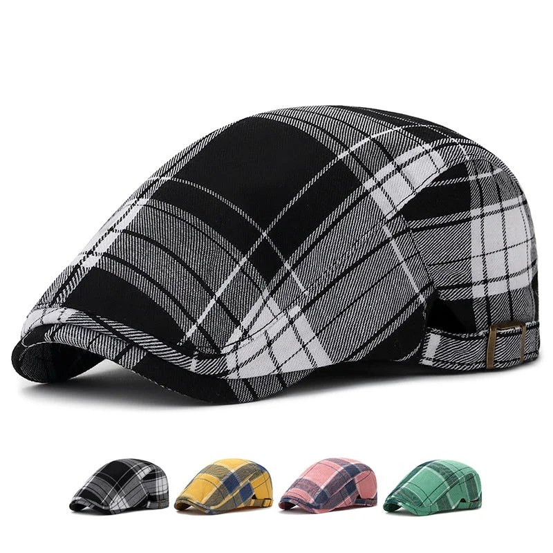 Men's hats casual gray-Color Plaid Beret Caps