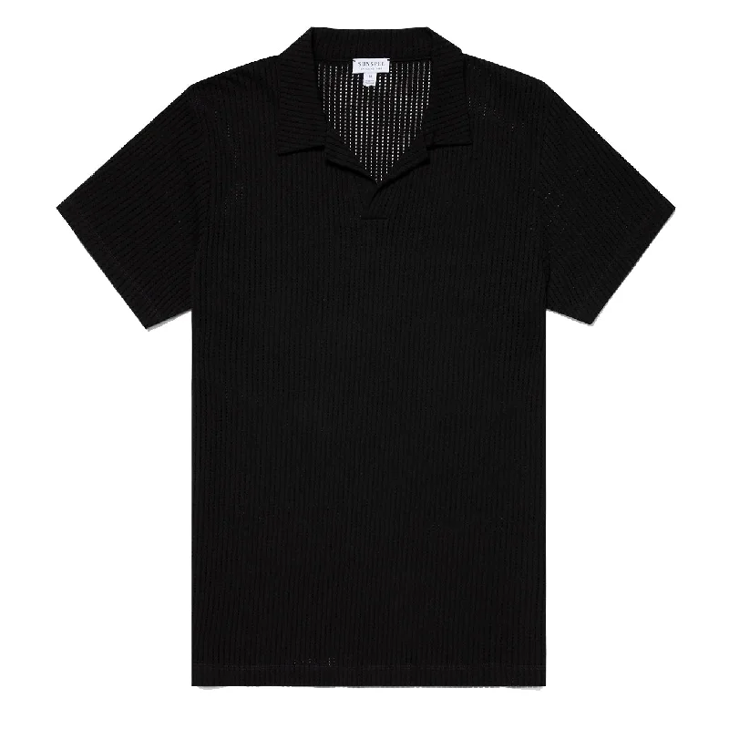 Men's polo shirts casual white-Sunspel Linear Mesh Polo Shirt Black