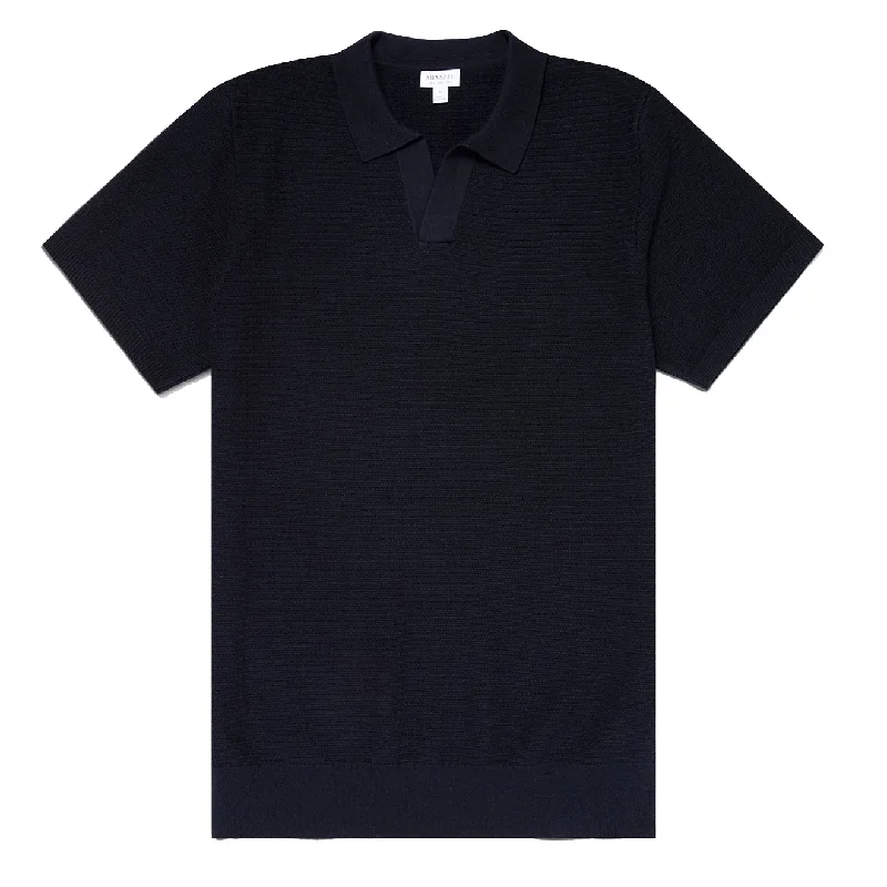 Men's polo shirts soft navy-Sunspel Open Textured Polo Shirt Navy