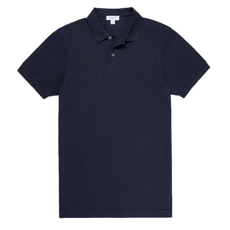 Men's polo shirts trendy brown-Sunspel Pique Polo Shirt Navy