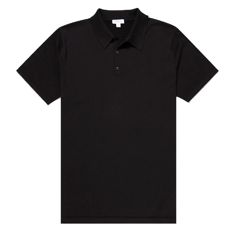 Men's polo shirts casual green-Sunspel Sea Island Cotton Polo Shirt Black