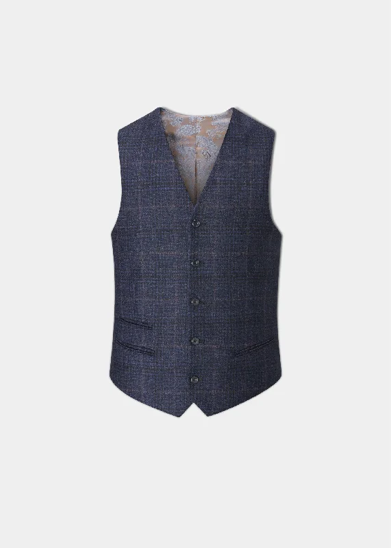 Men's polo shirts stylish brown-Surrey Men's Tweed Lined Country Waistcoat In Navy Check - Regular Fit