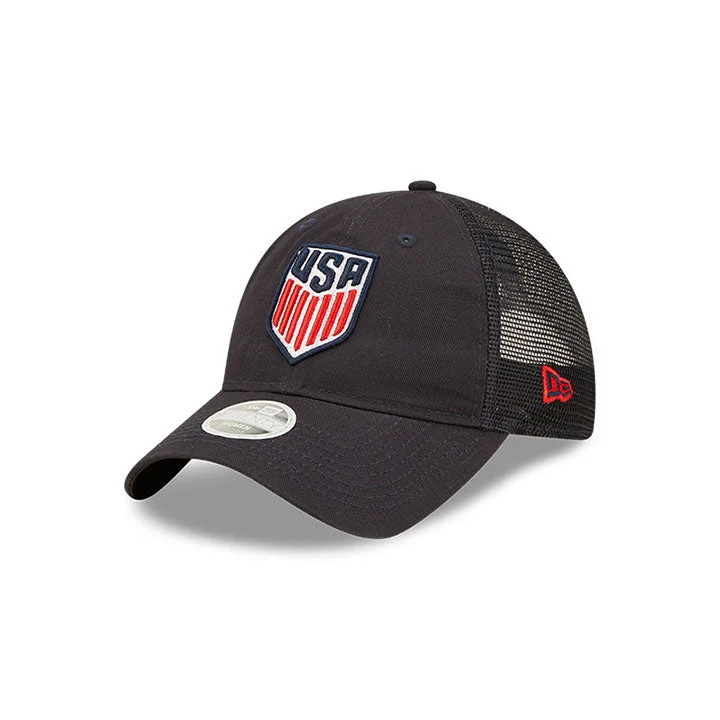 Men's hats everyday brown-Women's New Era USMNT 9Twenty Banded Trucker Mesh Navy Hat